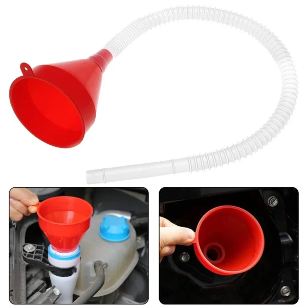Universal Car Fuel Funnel Telescopic Oil Filling Funnel Detachable Hose Red