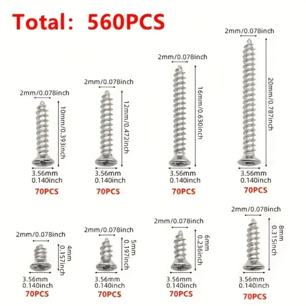 s-l1600-24.webp 560pcs Self Tapping Wood Screws Set M2 Mixed Sizes Flat Head Screw Storage Box K