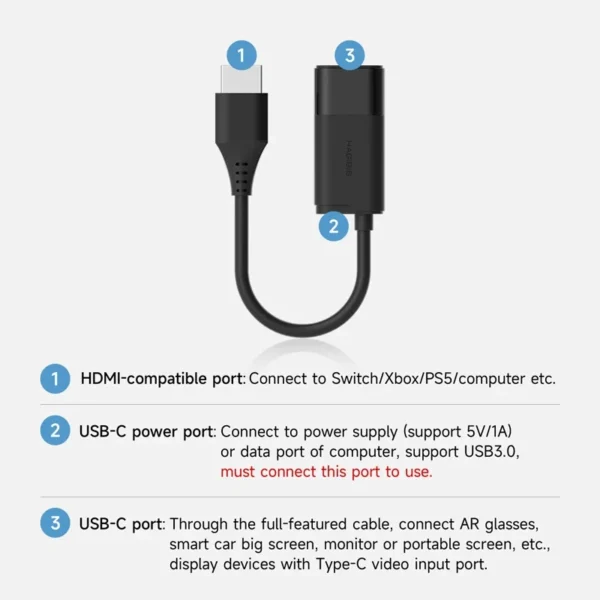 Hagibis HDMI to USB C Female Converter HDMI to AR Glasses Adapter Charge and Pla