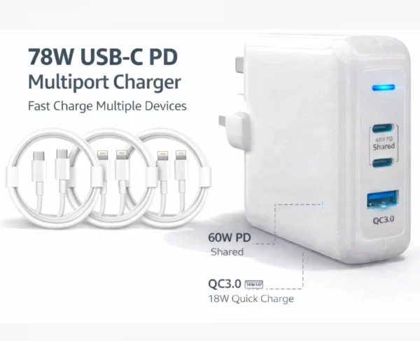 s-l1600-358.webp 78W USB-C PD Fast Charger for iPhone Samsung iPad MacBook | 1 USB-C + 2 Light-in