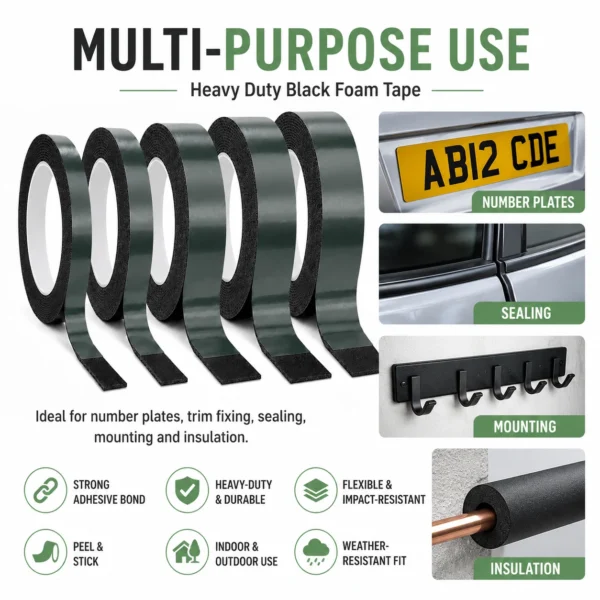 Black Double Sided Foam Tape Heavy Duty Strong Sticky Adhesive Mounting Car Trim