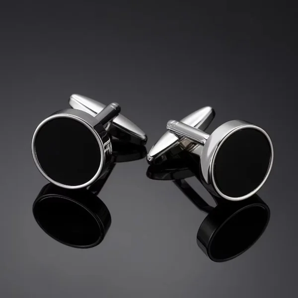 Round Black Onyx Stone Silver Plated Stainless Steel Mens Cufflinks Cuff Links