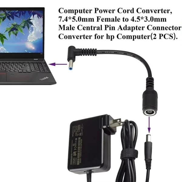 7.4mm x 5.0mm to 4.5mm x 3.0mm DC connector Charge Power Cable HP Dell Laptop