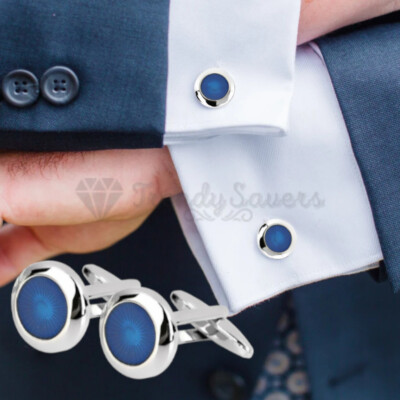 s-l400-123.jpg Stainless Steel Silver Plated Plain Cufflinks Round Blue Stone Cuff Link Jewelry