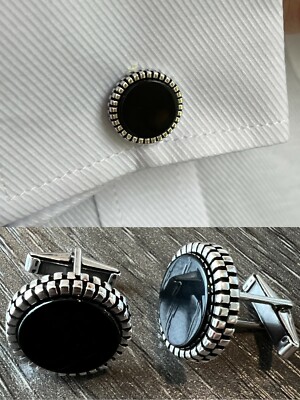 s-l400-125.jpg Real 925 Sterling Silver Black Onyx Stone Cuff Links Cufflinks Tuxedo Shirt