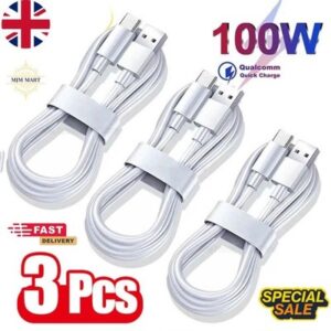 USB A to USB-C Cable 6A 100W for Android Fast Charger Long Type C Lead 1M 2M UK
