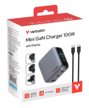 Verbatim Mini GaN Charger with Display - 100W 3-Port Wall Charger with USB Cable
