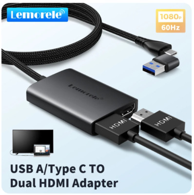 s-l400-63.jpg USB 3.0 to Dual HDMI Adapter 2-in-1 for Dual screens 4k@60Hz USB A Type C USB-C