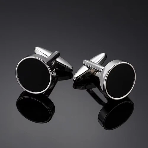 Round Black Onyx Stone Silver Plated Stainless Steel Mens Cufflinks Cuff Links